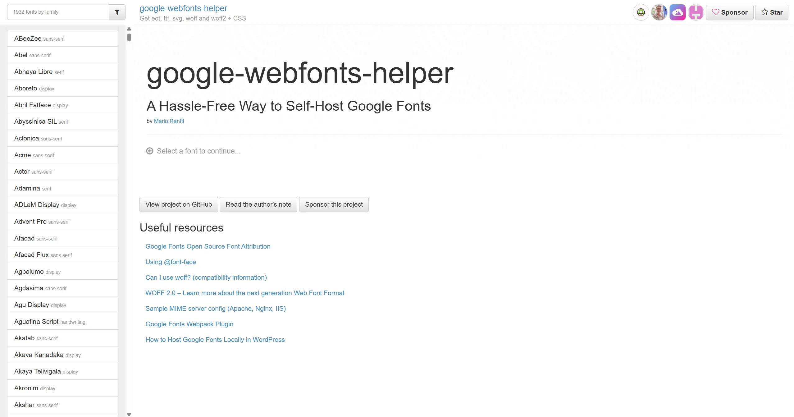 Google Web Font Helper website